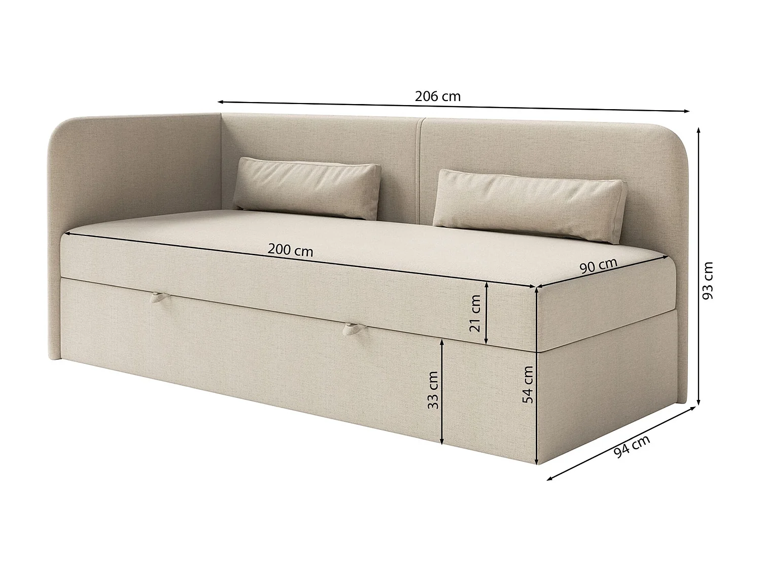 Jugendbett 90x200 mit Bettkasten – Chenille-Bezug – Kopfteil links – Dunkelbeige – CALMMO