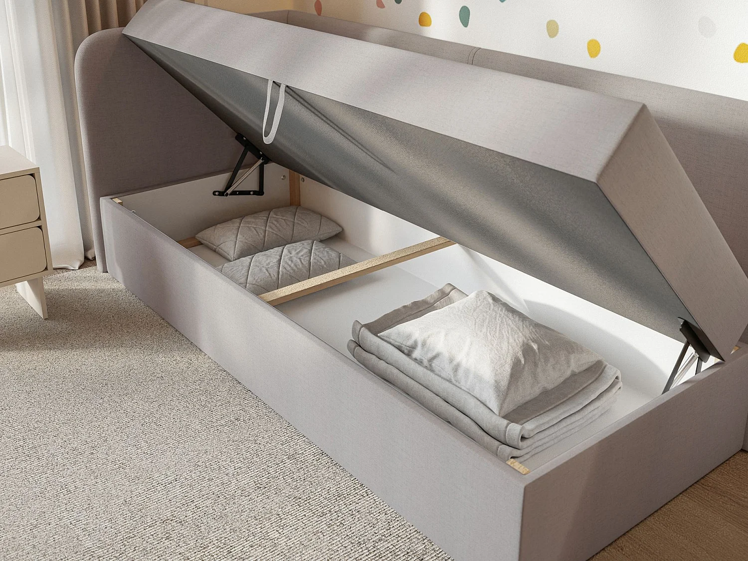 Jugendbett 90x200 mit Bettkasten – Chenille-Bezug – Kopfteil links – Dunkelbeige – CALMMO