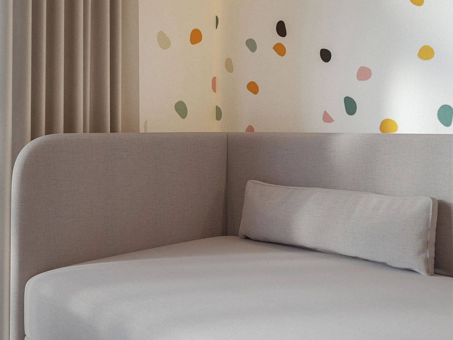 Jugendbett 90x200 mit Bettkasten – Chenille-Bezug – Kopfteil links – Dunkelbeige – CALMMO