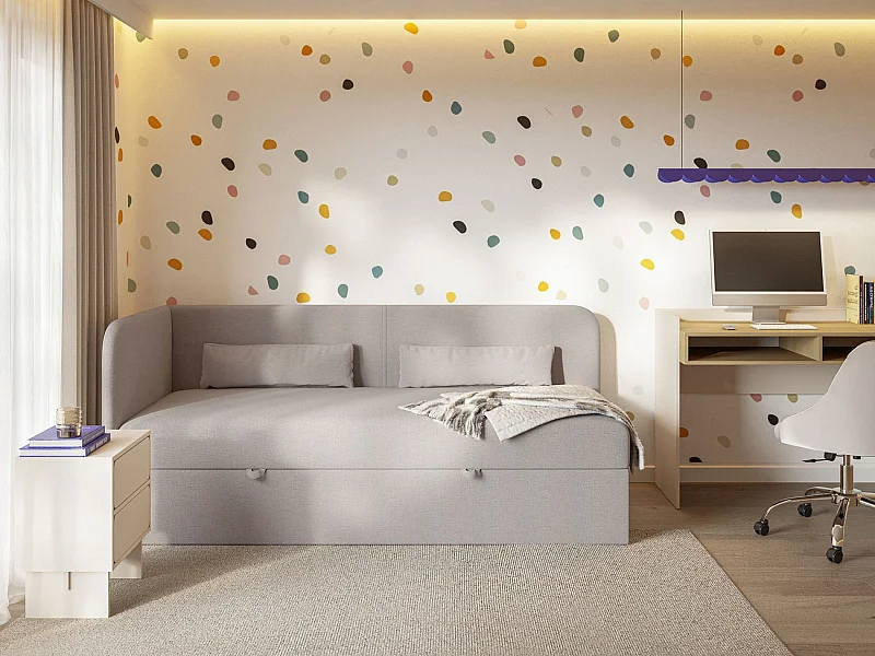 Jugendbett 90x200 mit Bettkasten – Chenille-Bezug – Kopfteil links – Dunkelbeige – CALMMO