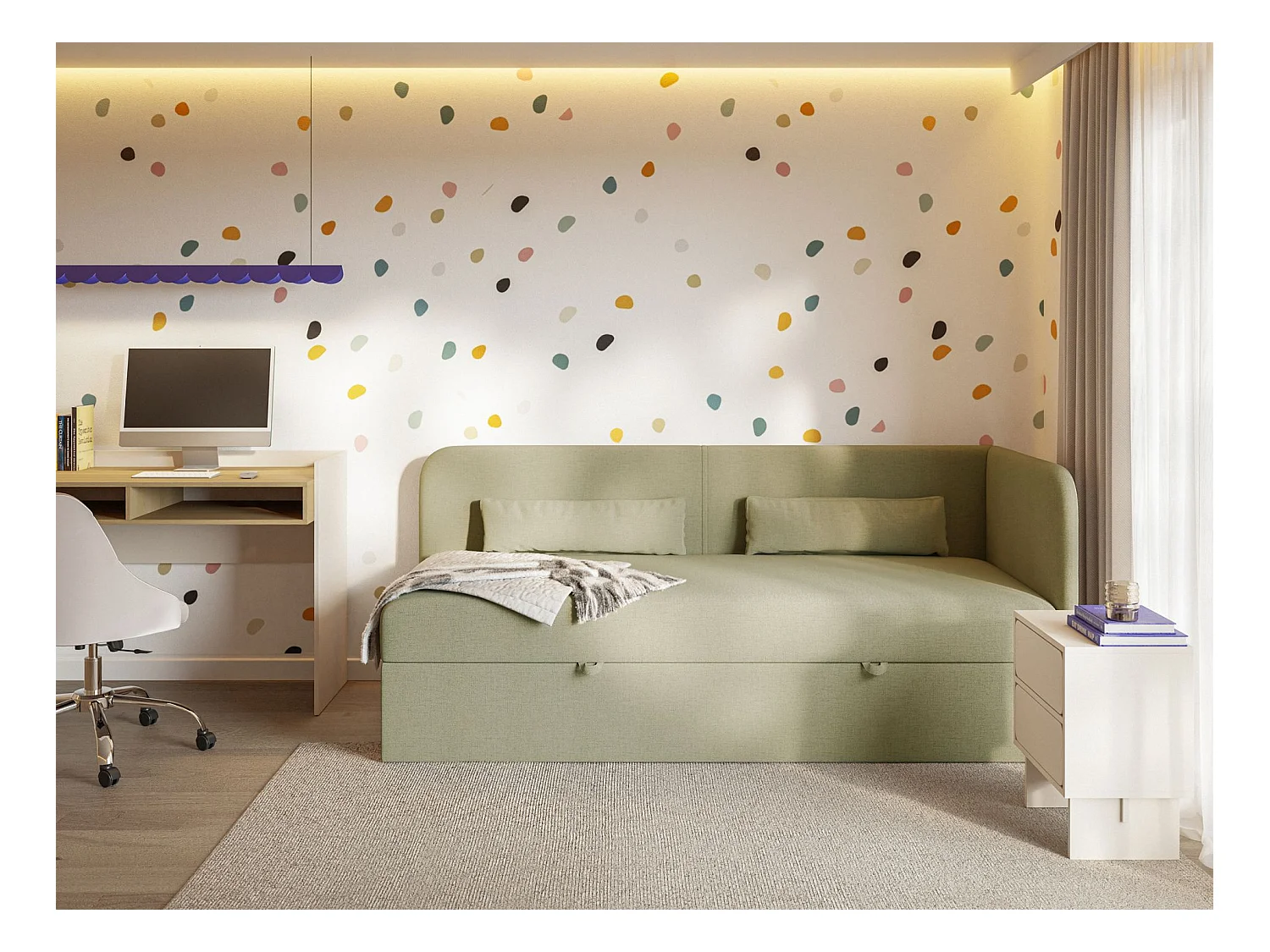 Tienerbed 90x200 met opbergruimte – chenille bekleding – hoofdbord rechts – olijfgroen – CALMMO