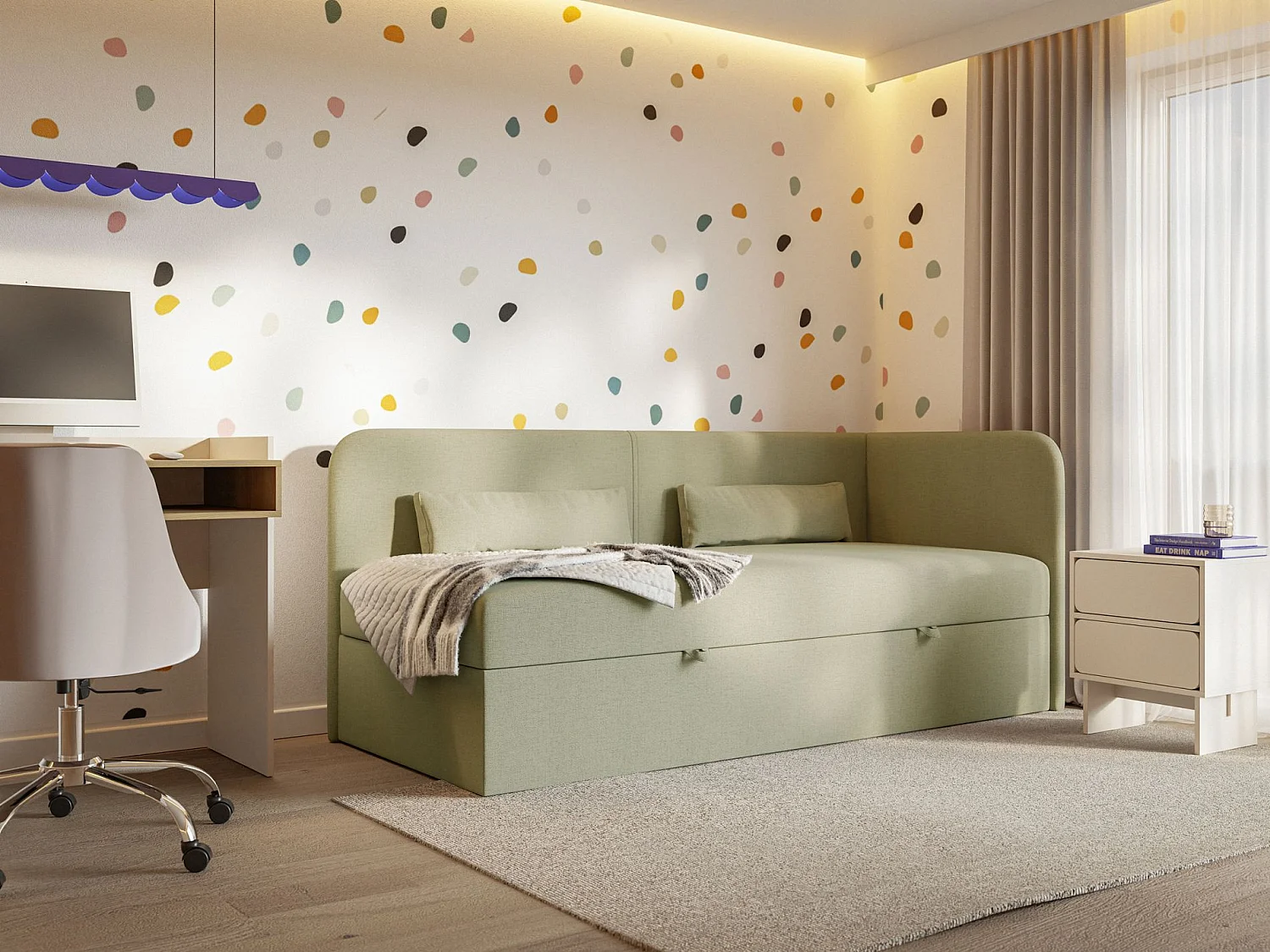 Jugendbett 90x200 mit Bettkasten – Chenille-Bezug – Kopfteil rechts – Olivgrün – CALMMO