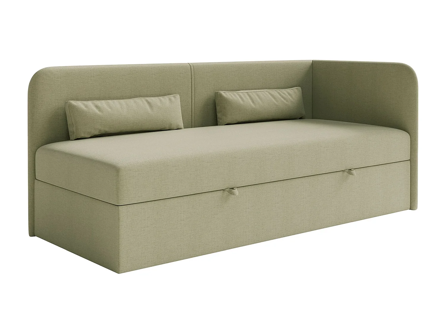 Jugendbett 90x200 mit Bettkasten – Chenille-Bezug – Kopfteil rechts – Olivgrün – CALMMO