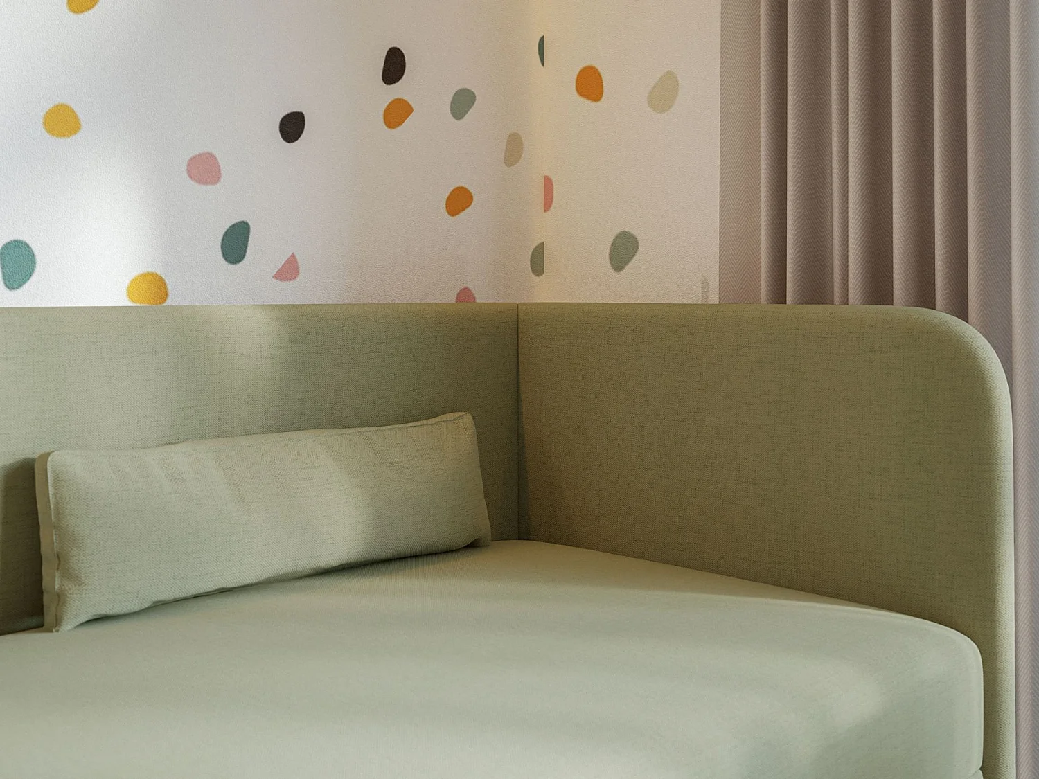 Jugendbett 90x200 mit Bettkasten – Chenille-Bezug – Kopfteil rechts – Olivgrün – CALMMO