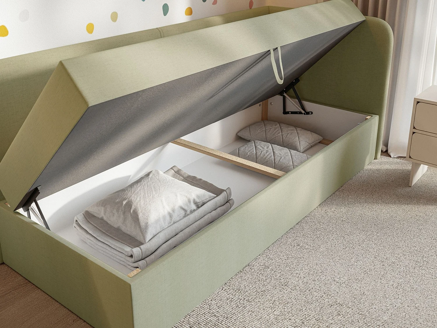 Jugendbett 90x200 mit Bettkasten – Chenille-Bezug – Kopfteil rechts – Olivgrün – CALMMO