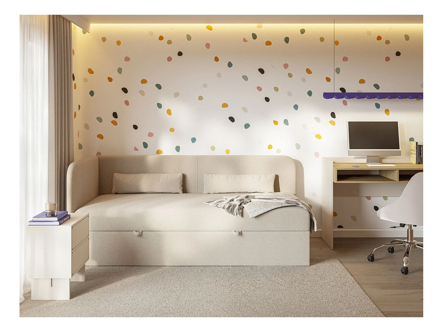 Tienerbed 90x200 met opbergruimte – chenille bekleding – hoofdbord links – lichtbeige – CALMMO