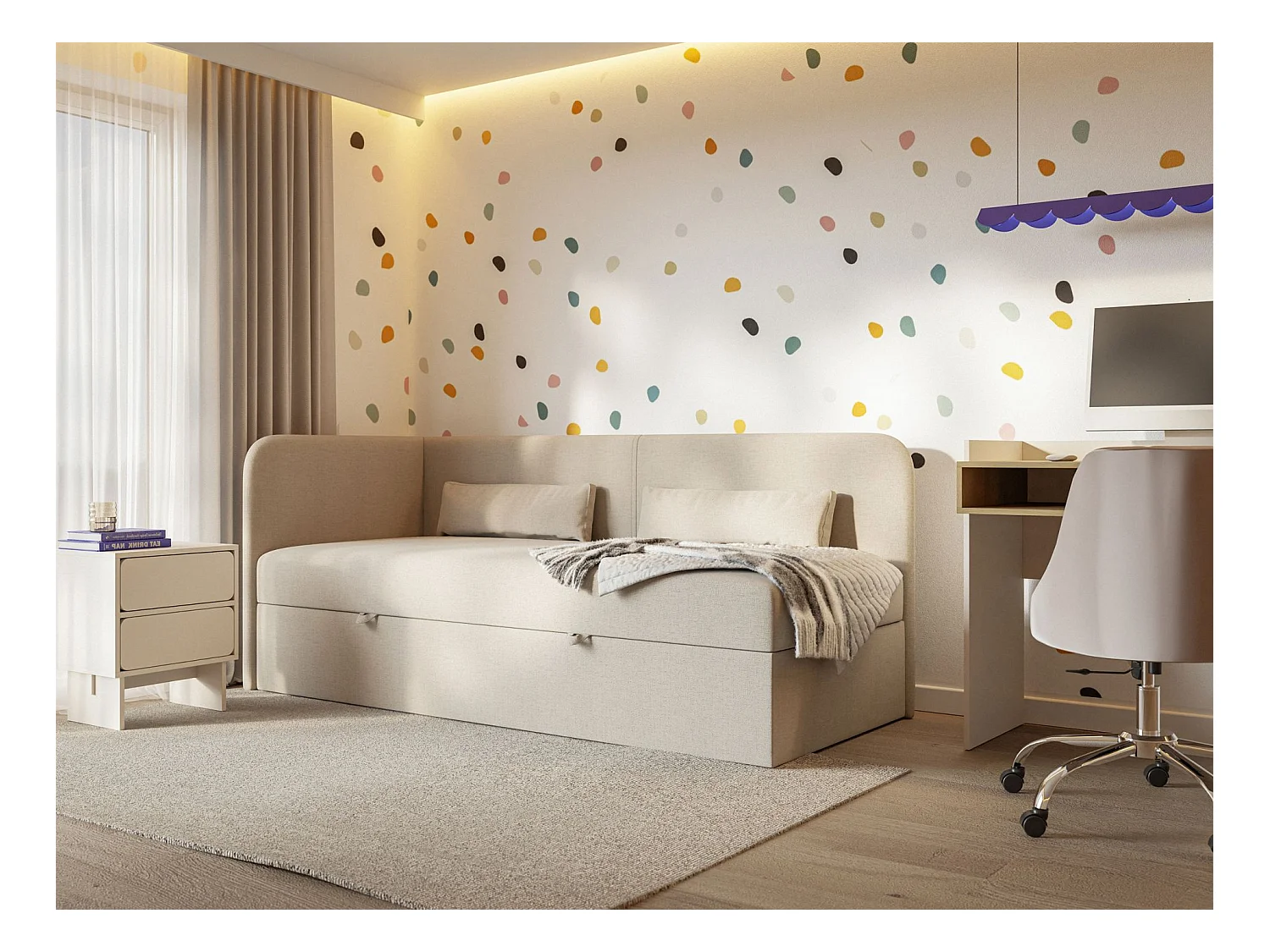Jugendbett 90x200 mit Bettkasten – Chenille-Bezug – Kopfteil links – Hellbeige – CALMMO