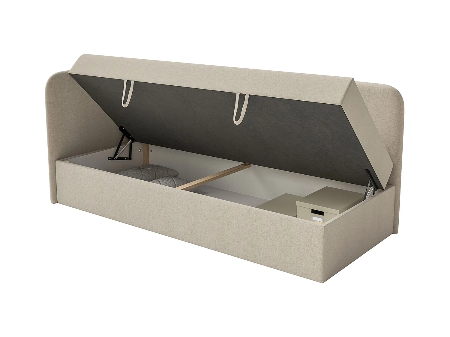 Jugendbett 90x200 mit Bettkasten – Chenille-Bezug – Kopfteil links – Hellbeige – CALMMO