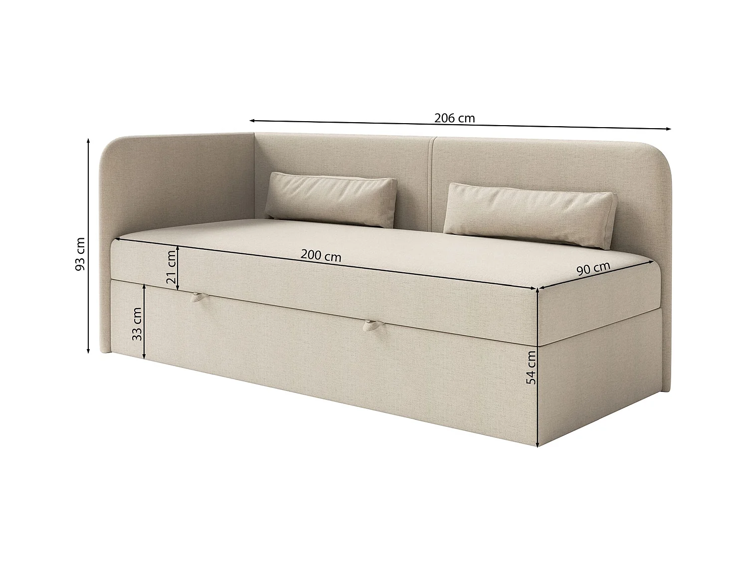 Jugendbett 90x200 mit Bettkasten – Chenille-Bezug – Kopfteil links – Hellbeige – CALMMO