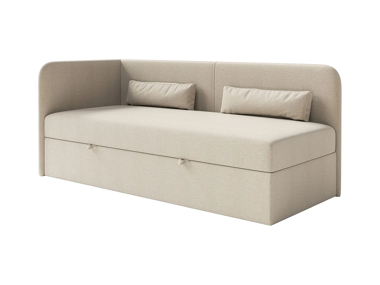 Jugendbett 90x200 mit Bettkasten – Chenille-Bezug – Kopfteil links – Hellbeige – CALMMO