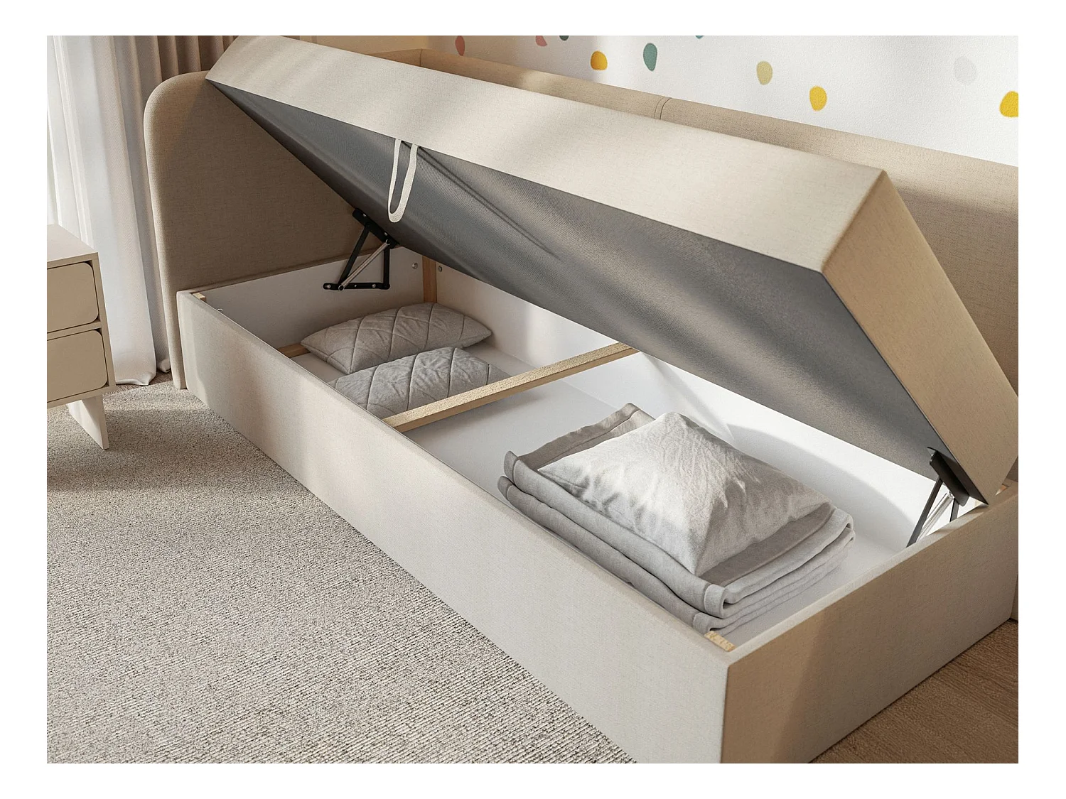 Jugendbett 90x200 mit Bettkasten – Chenille-Bezug – Kopfteil links – Hellbeige – CALMMO