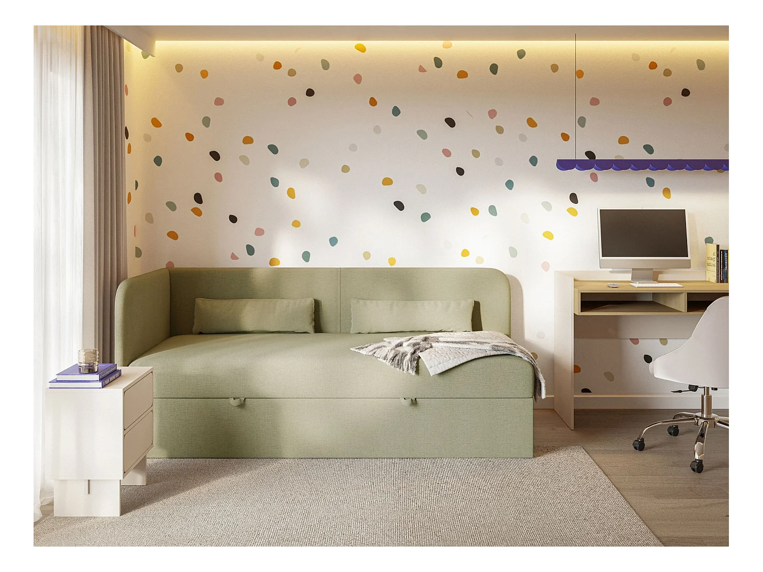 Tienerbed 90x200 met opbergruimte – chenille bekleding – hoofdbord links – olijfgroen – CALMMO