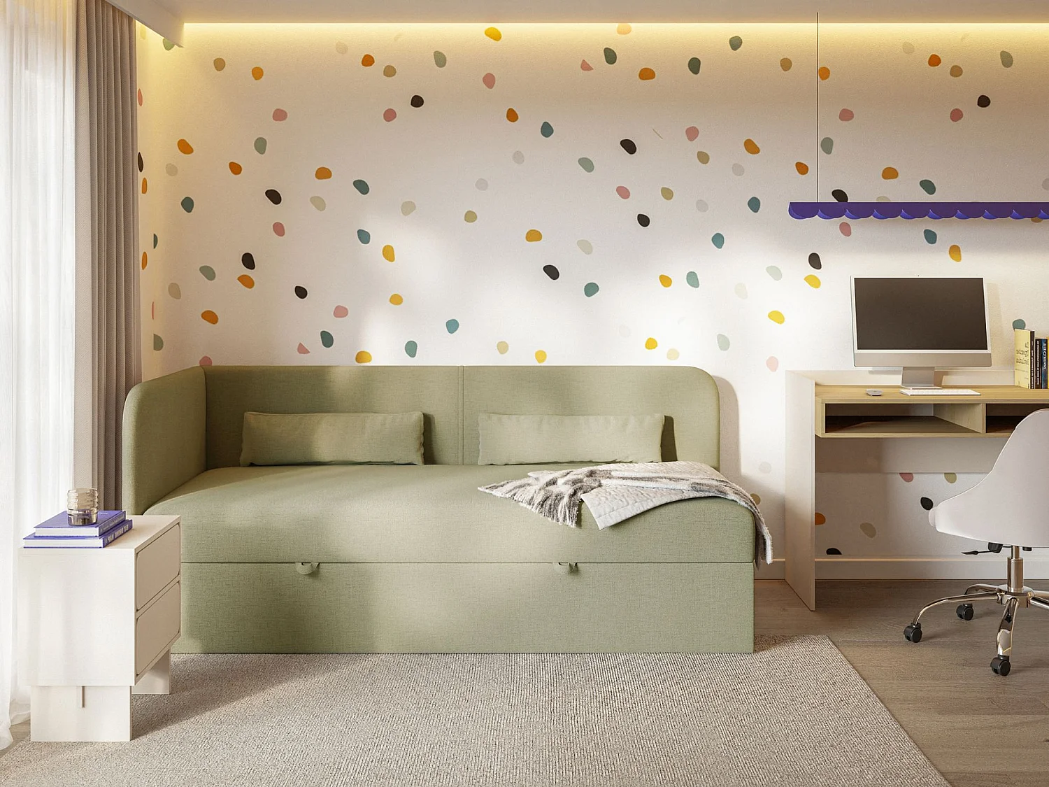 Jugendbett 90x200 mit Bettkasten – Chenille-Bezug – Kopfteil links – Olivgrün – CALMMO