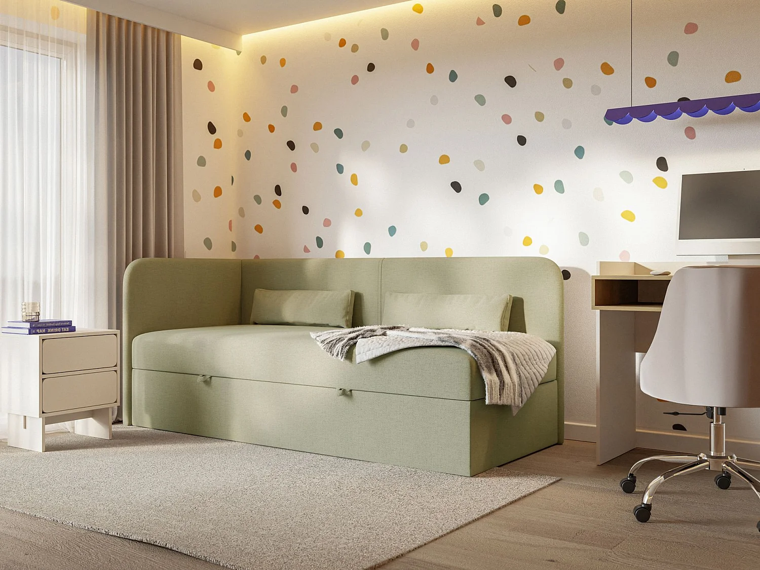 Jugendbett 90x200 mit Bettkasten – Chenille-Bezug – Kopfteil links – Olivgrün – CALMMO