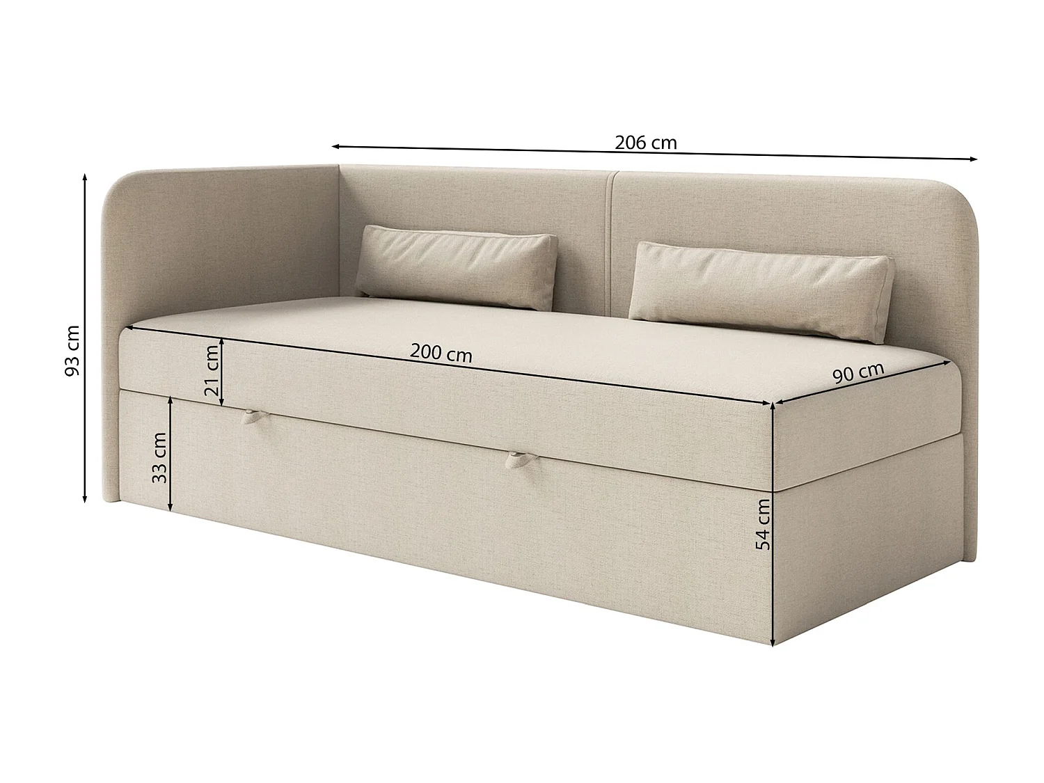 Jugendbett 90x200 mit Bettkasten – Chenille-Bezug – Kopfteil links – Olivgrün – CALMMO