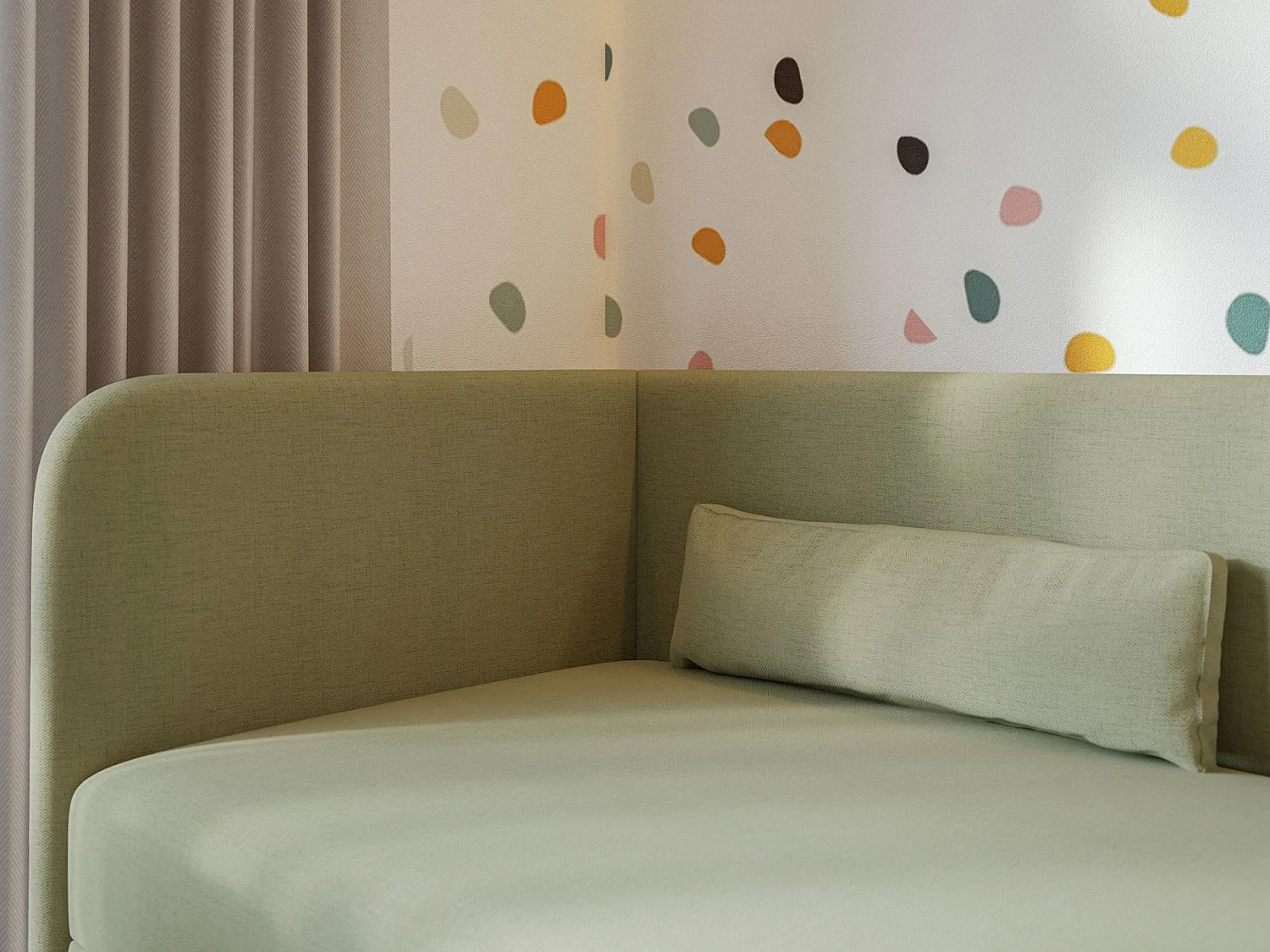 Jugendbett 90x200 mit Bettkasten – Chenille-Bezug – Kopfteil links – Olivgrün – CALMMO