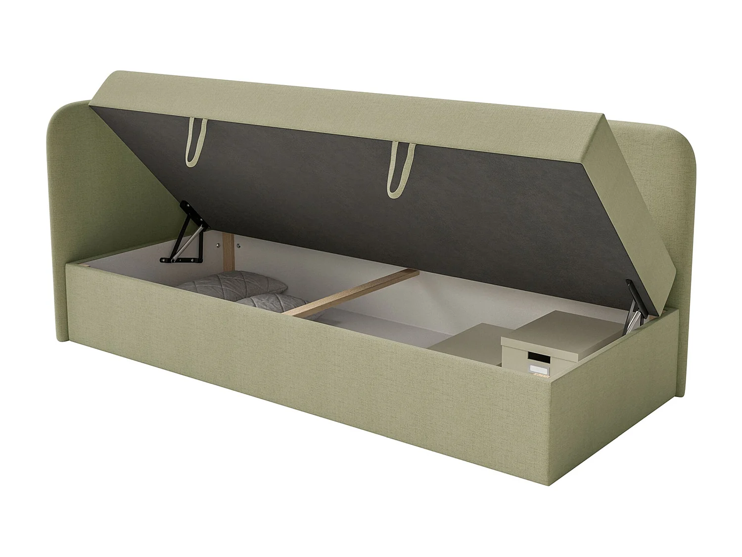 Tienerbed 90x200 met opbergruimte – chenille bekleding – hoofdbord links – olijfgroen – CALMMO