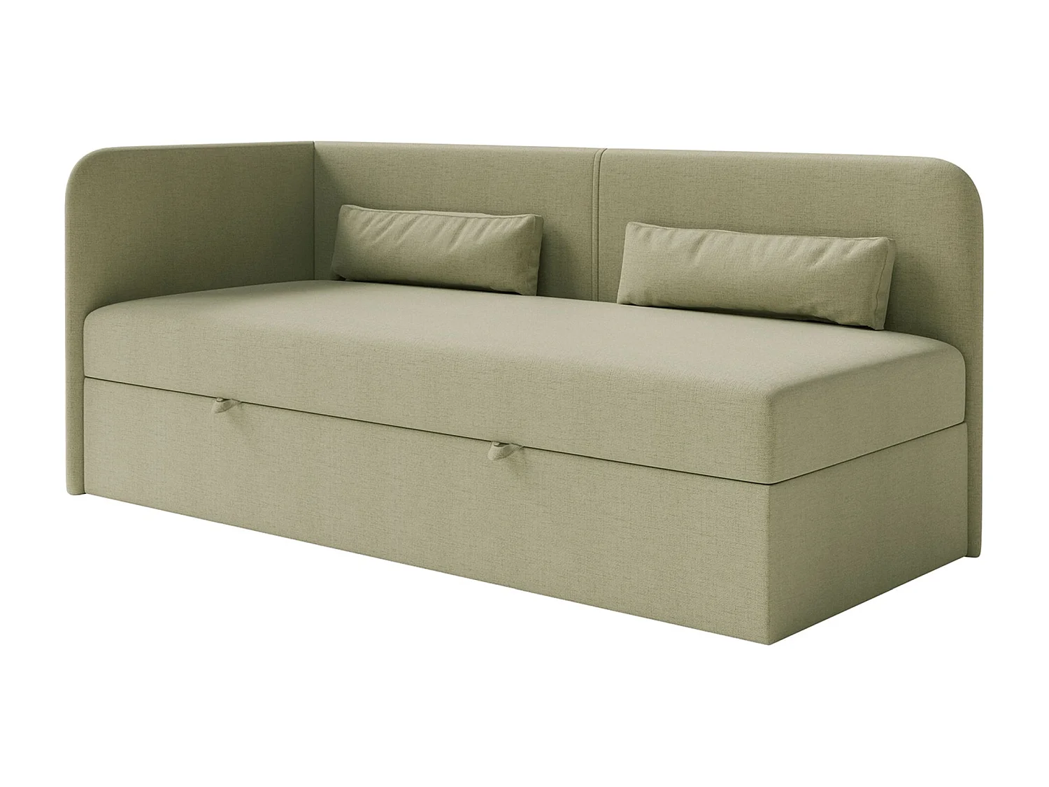 Tienerbed 90x200 met opbergruimte – chenille bekleding – hoofdbord links – olijfgroen – CALMMO