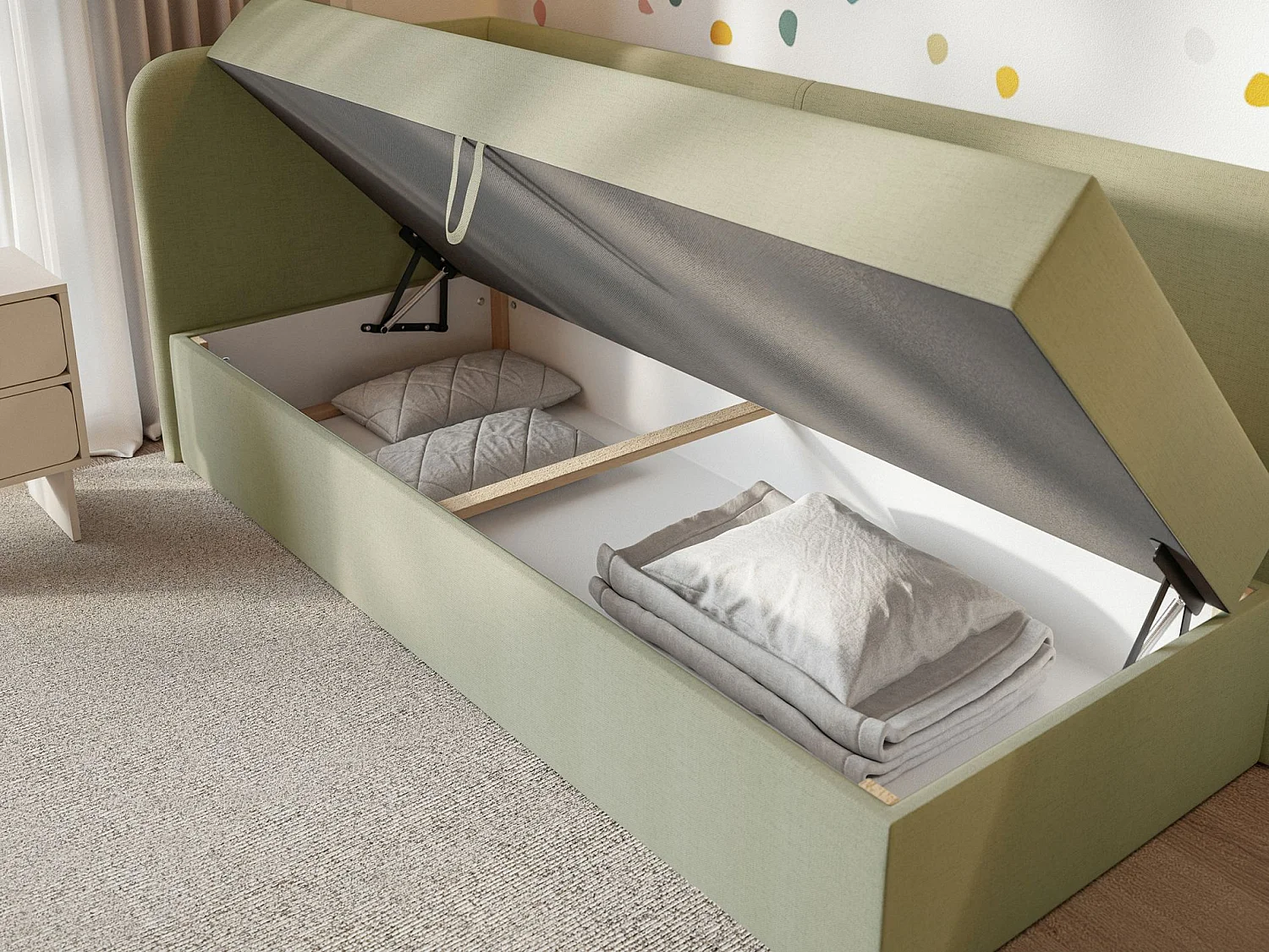 Tienerbed 90x200 met opbergruimte – chenille bekleding – hoofdbord links – olijfgroen – CALMMO