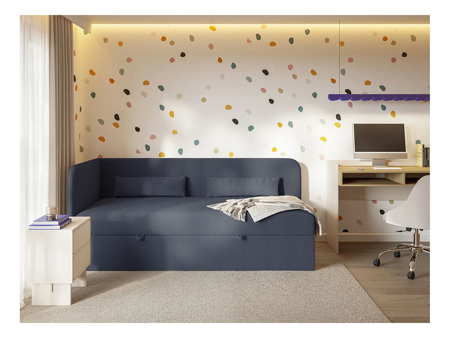 Tienerbed 90x200 met opbergruimte – chenille bekleding – hoofdbord links – donkerblauw – CALMMO