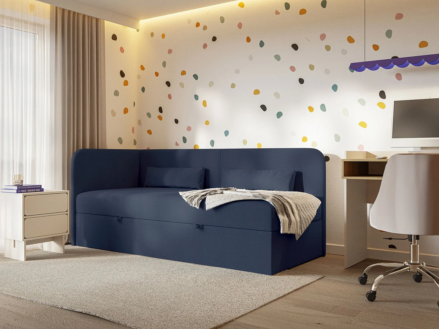 Jugendbett 90x200 mit Bettkasten – Chenille-Bezug – Kopfteil links – Dunkelblau – CALMMO