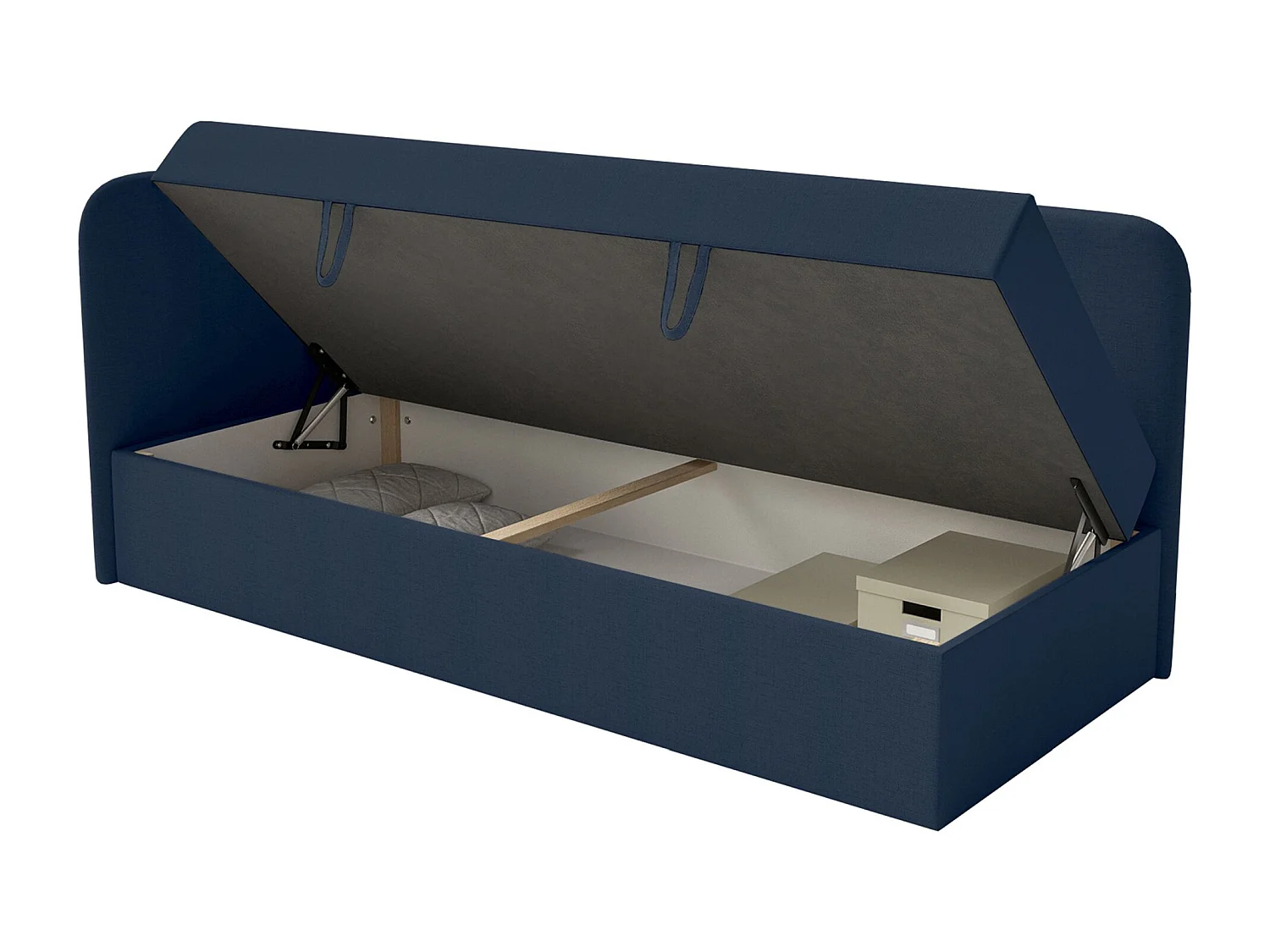 Jugendbett 90x200 mit Bettkasten – Chenille-Bezug – Kopfteil links – Dunkelblau – CALMMO