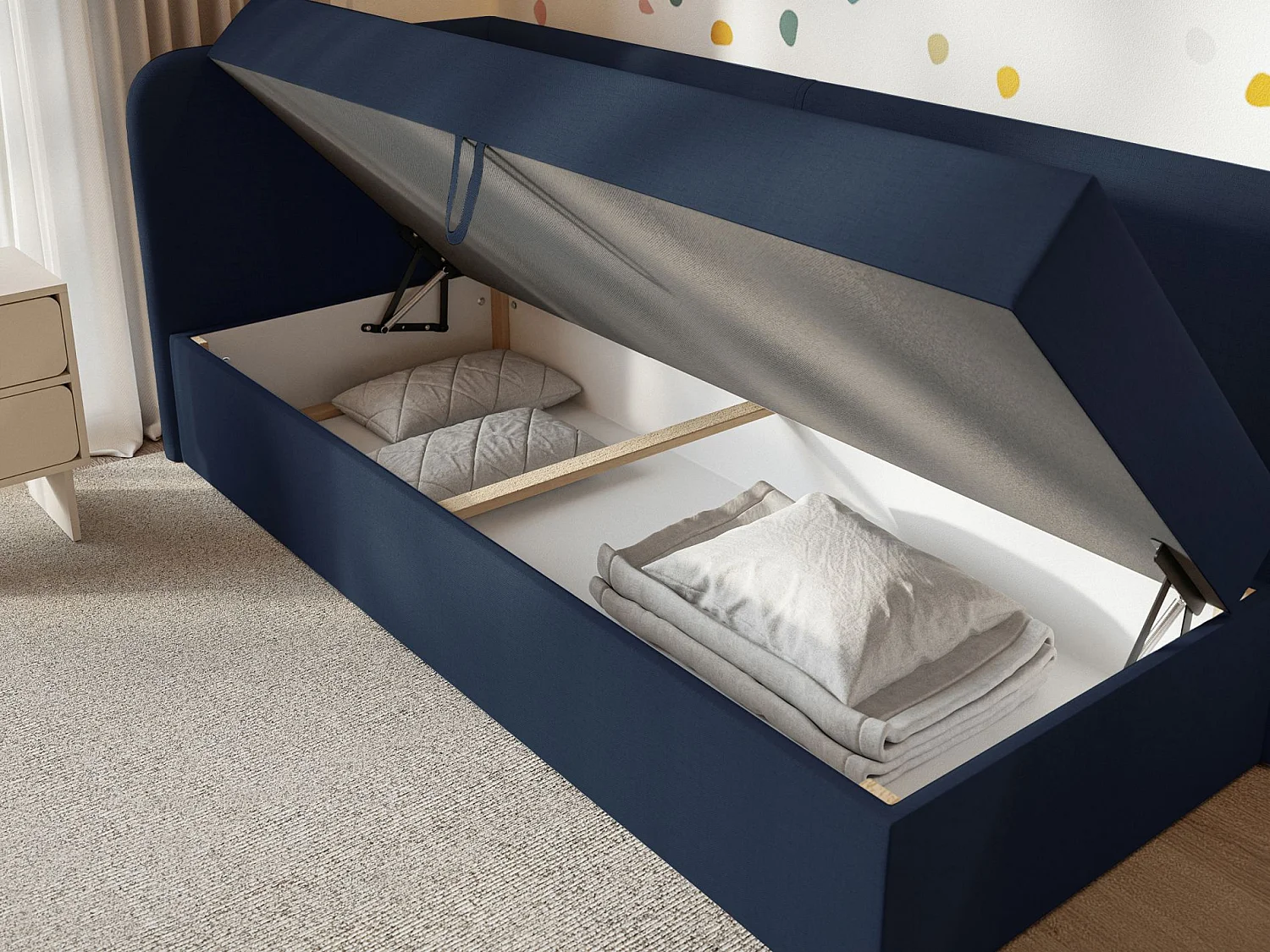 Jugendbett 90x200 mit Bettkasten – Chenille-Bezug – Kopfteil links – Dunkelblau – CALMMO