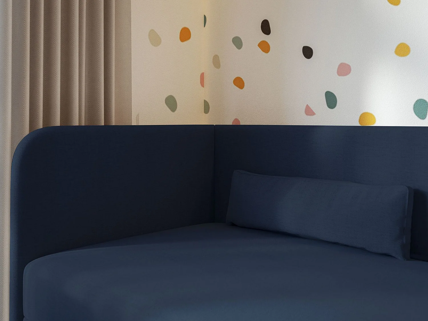 Jugendbett 90x200 mit Bettkasten – Chenille-Bezug – Kopfteil links – Dunkelblau – CALMMO