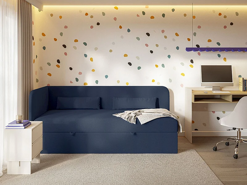 Jugendbett 90x200 mit Bettkasten – Chenille-Bezug – Kopfteil links – Dunkelblau – CALMMO