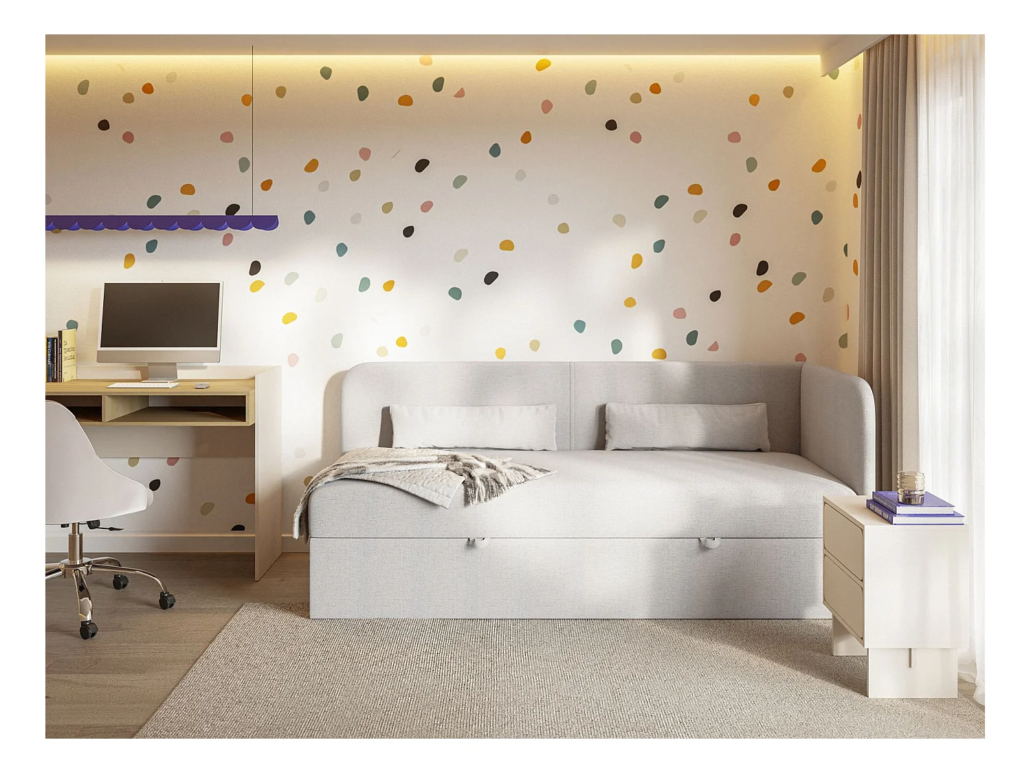 Tienerbed 90x200 met opbergruimte – chenille bekleding – hoofdbord rechts – lichtgrijs – CALMMO