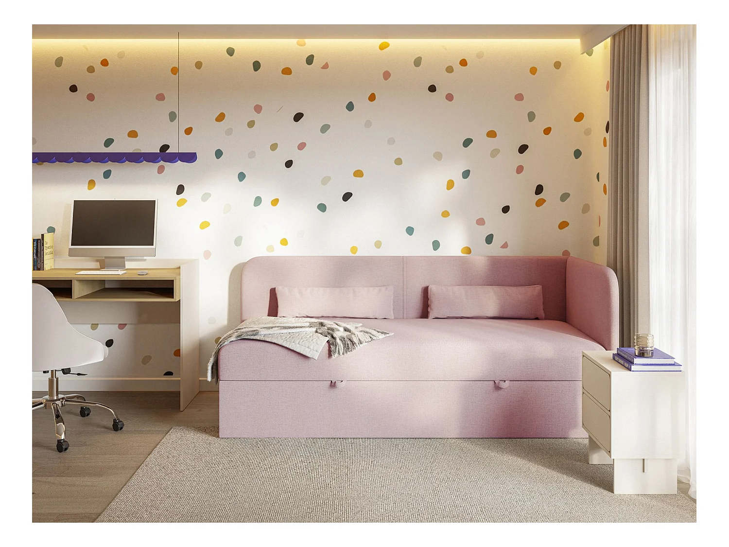 Tienerbed 90x200 met opbergruimte – chenille bekleding – hoofdbord rechts – roze – CALMMO