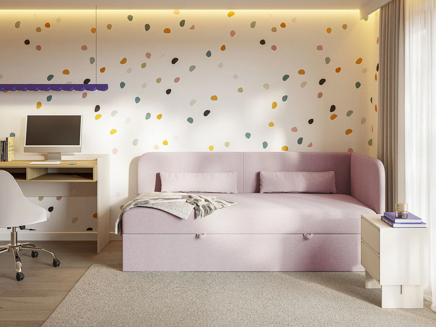 Tienerbed 90x200 met opbergruimte – chenille bekleding – hoofdbord rechts – roze – CALMMO