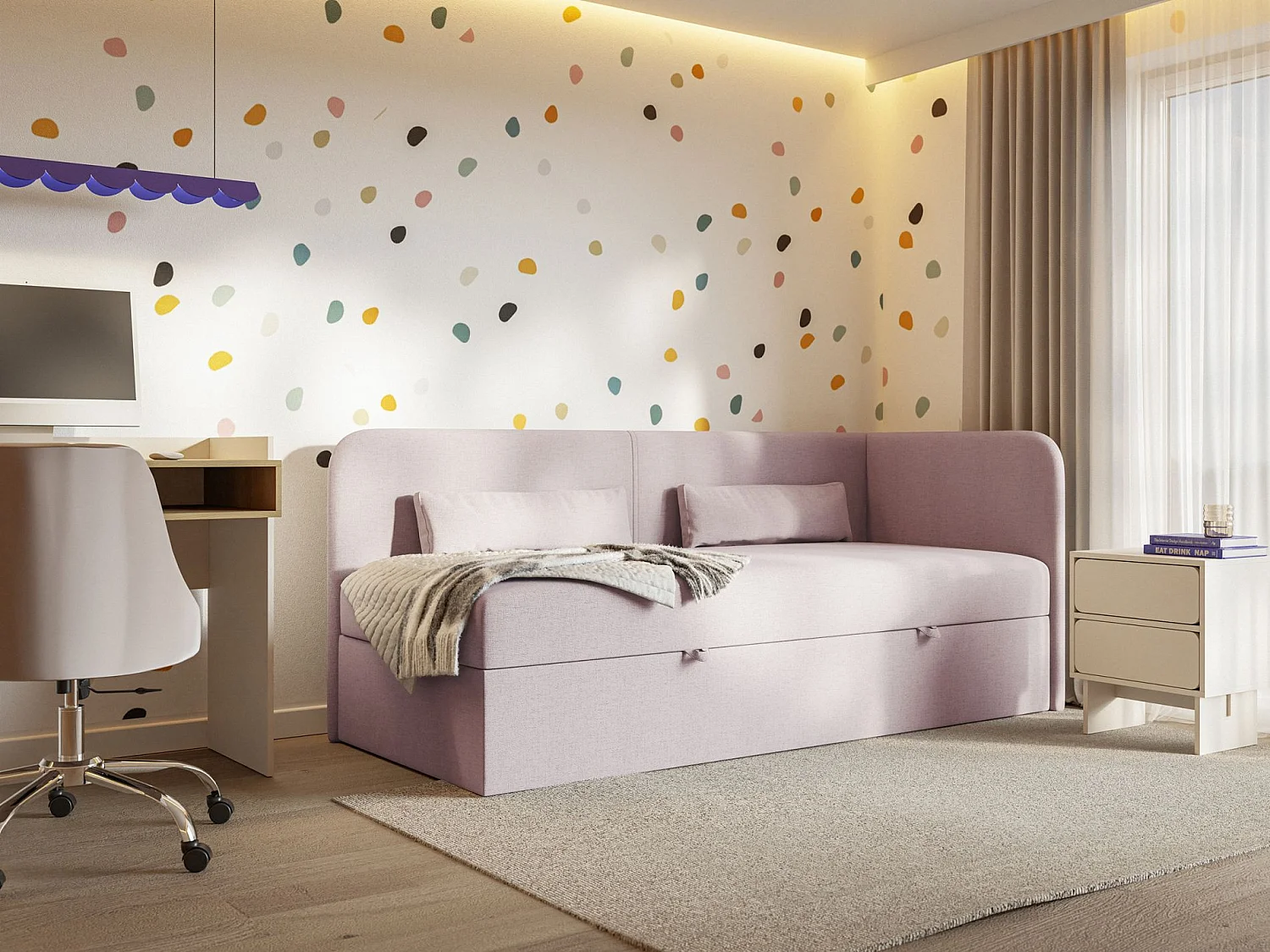 Tienerbed 90x200 met opbergruimte – chenille bekleding – hoofdbord rechts – roze – CALMMO