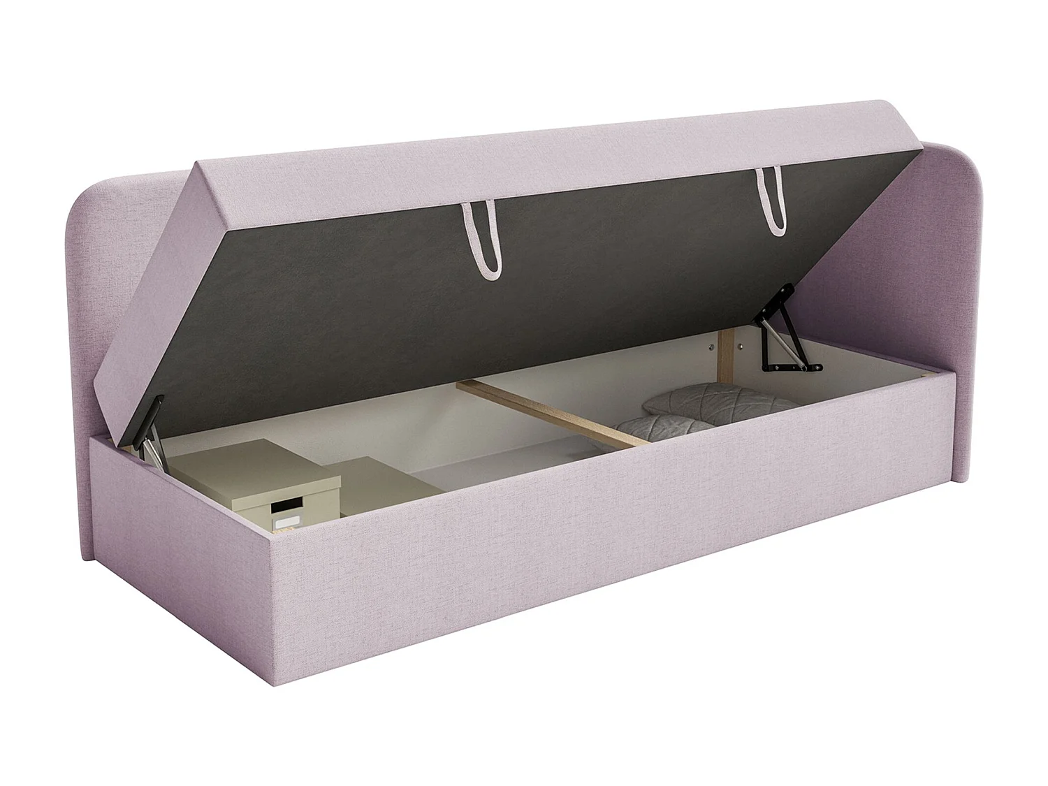 Tienerbed 90x200 met opbergruimte – chenille bekleding – hoofdbord rechts – roze – CALMMO