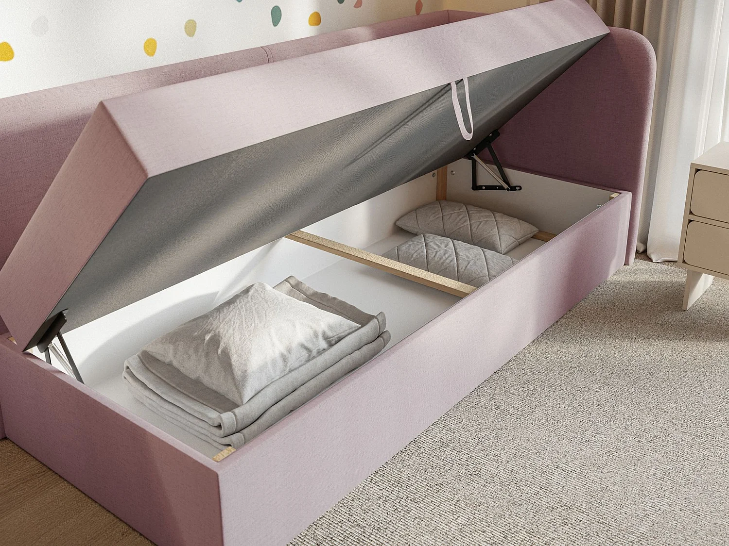 Tienerbed 90x200 met opbergruimte – chenille bekleding – hoofdbord rechts – roze – CALMMO