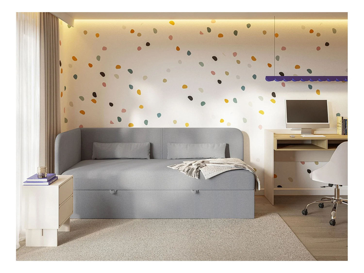 Tienerbed 90x200 met opbergruimte – chenille bekleding – hoofdbord links – donkergrijs – CALMMO