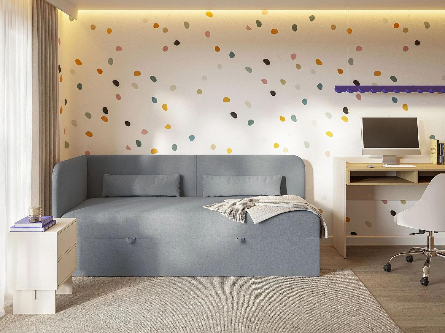 Jugendbett 90x200 mit Bettkasten – Chenille-Bezug – Kopfteil links – Dunkelgrau – CALMMO