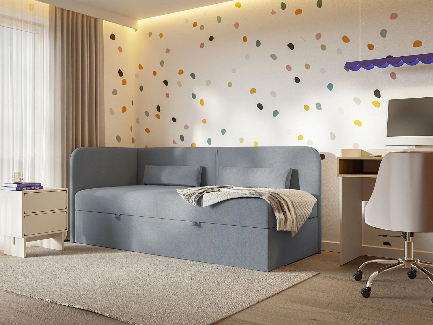 Jugendbett 90x200 mit Bettkasten – Chenille-Bezug – Kopfteil links – Dunkelgrau – CALMMO