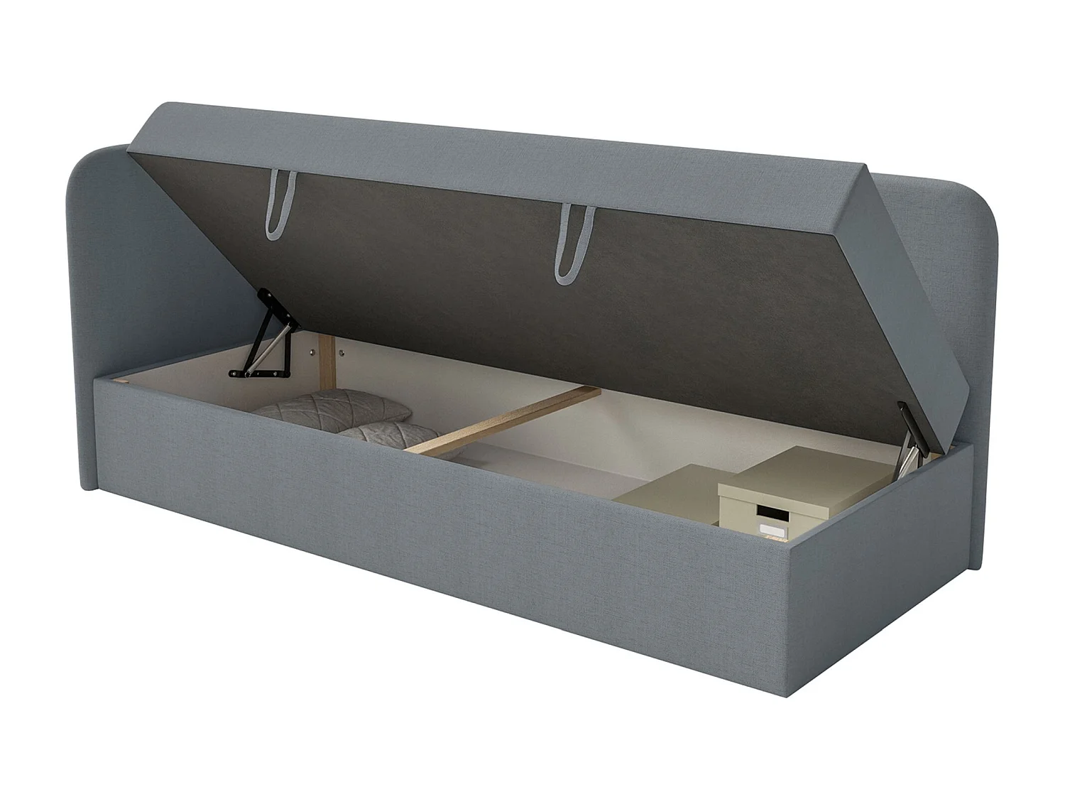 Jugendbett 90x200 mit Bettkasten – Chenille-Bezug – Kopfteil links – Dunkelgrau – CALMMO