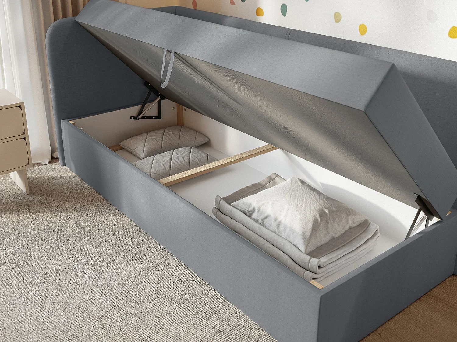 Jugendbett 90x200 mit Bettkasten – Chenille-Bezug – Kopfteil links – Dunkelgrau – CALMMO