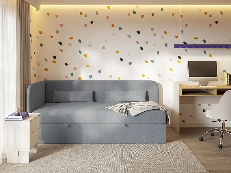 Jugendbett 90x200 mit Bettkasten – Chenille-Bezug – Kopfteil links – Dunkelgrau – CALMMO