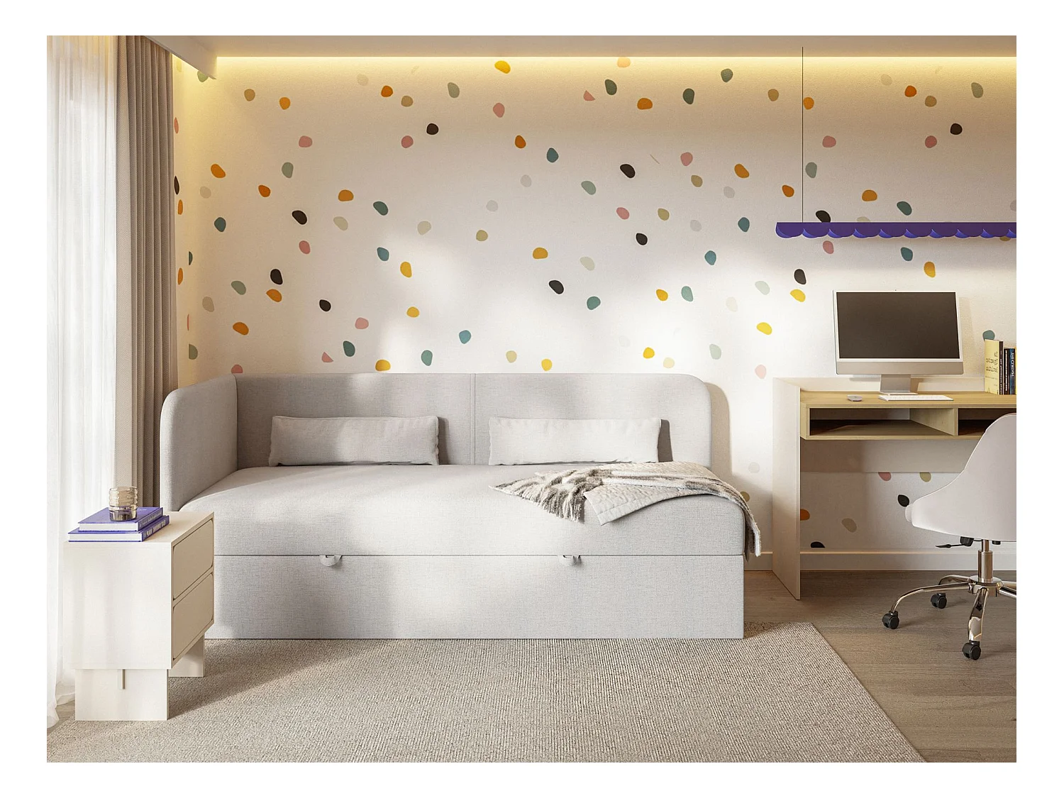 Tienerbed 90x200 met opbergruimte – chenille bekleding – hoofdbord links – lichtgrijs – CALMMO