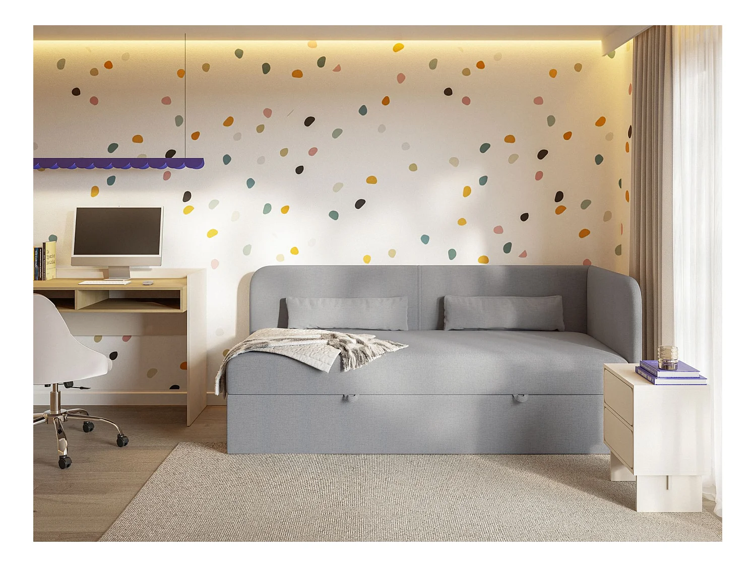 Tienerbed 90x200 met opbergruimte – chenille bekleding – hoofdbord rechts – donkergrijs – CALMMO