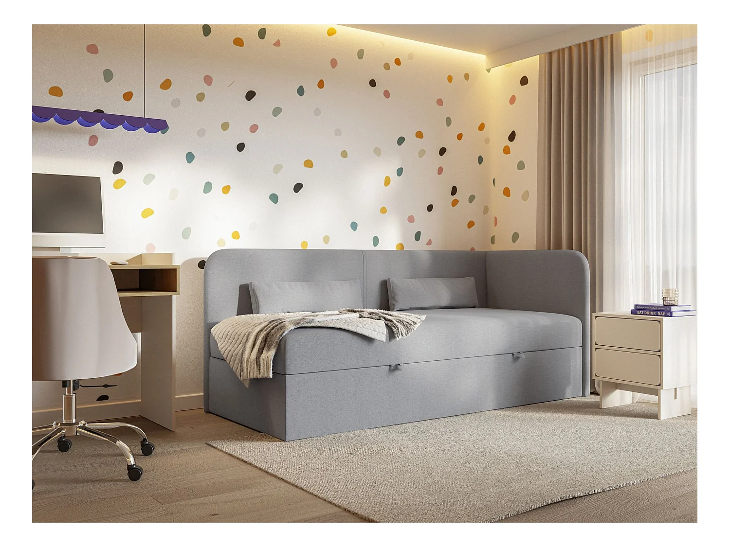 Jugendbett 90x200 mit Bettkasten – Chenille-Bezug – Kopfteil rechts – Dunkelgrau – CALMMO