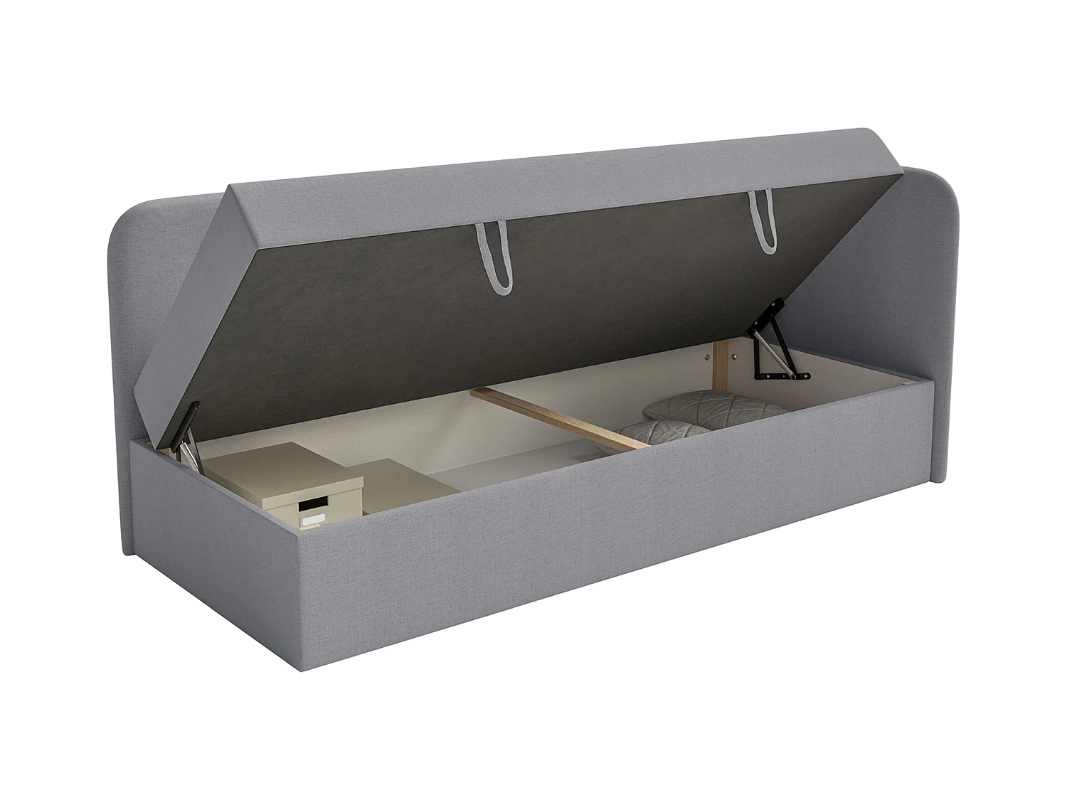 Jugendbett 90x200 mit Bettkasten – Chenille-Bezug – Kopfteil rechts – Dunkelgrau – CALMMO