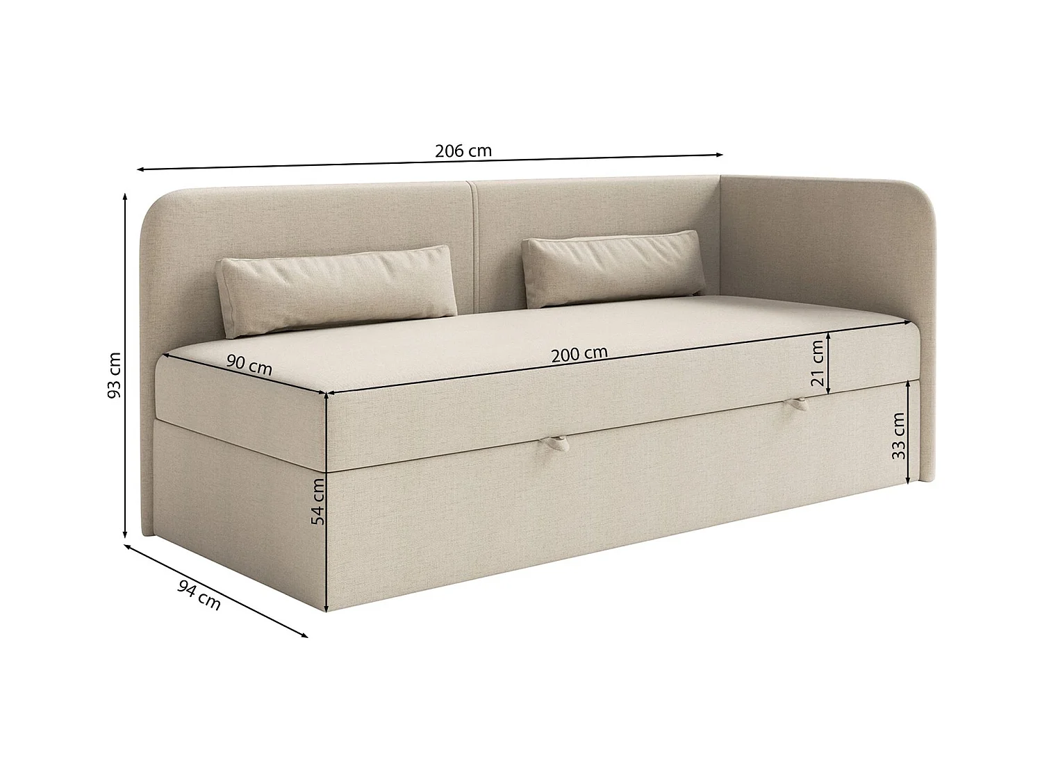 Jugendbett 90x200 mit Bettkasten – Chenille-Bezug – Kopfteil rechts – Dunkelgrau – CALMMO