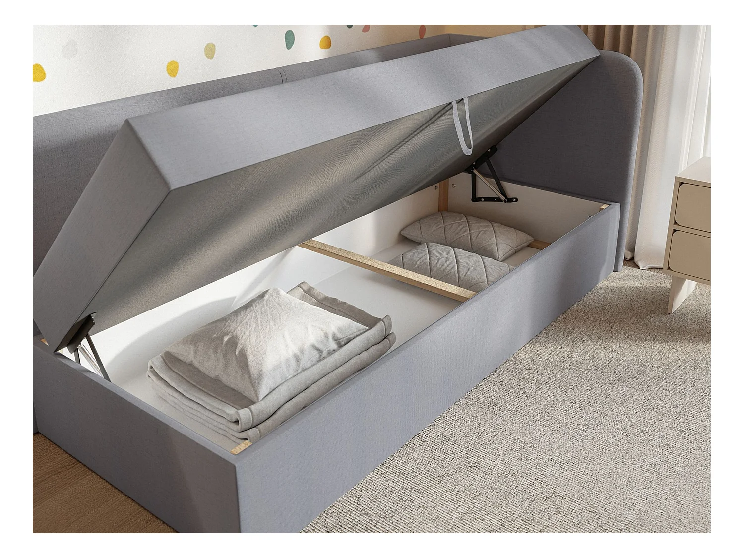 Jugendbett 90x200 mit Bettkasten – Chenille-Bezug – Kopfteil rechts – Dunkelgrau – CALMMO