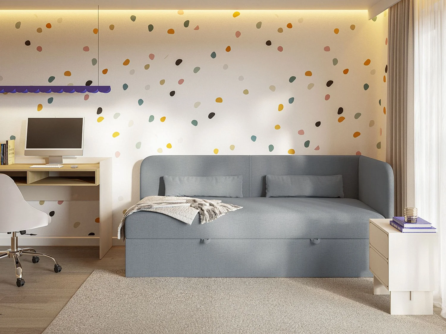 Jugendbett 90x200 mit Bettkasten – Chenille-Bezug – Kopfteil rechts – Dunkelgrau – CALMMO