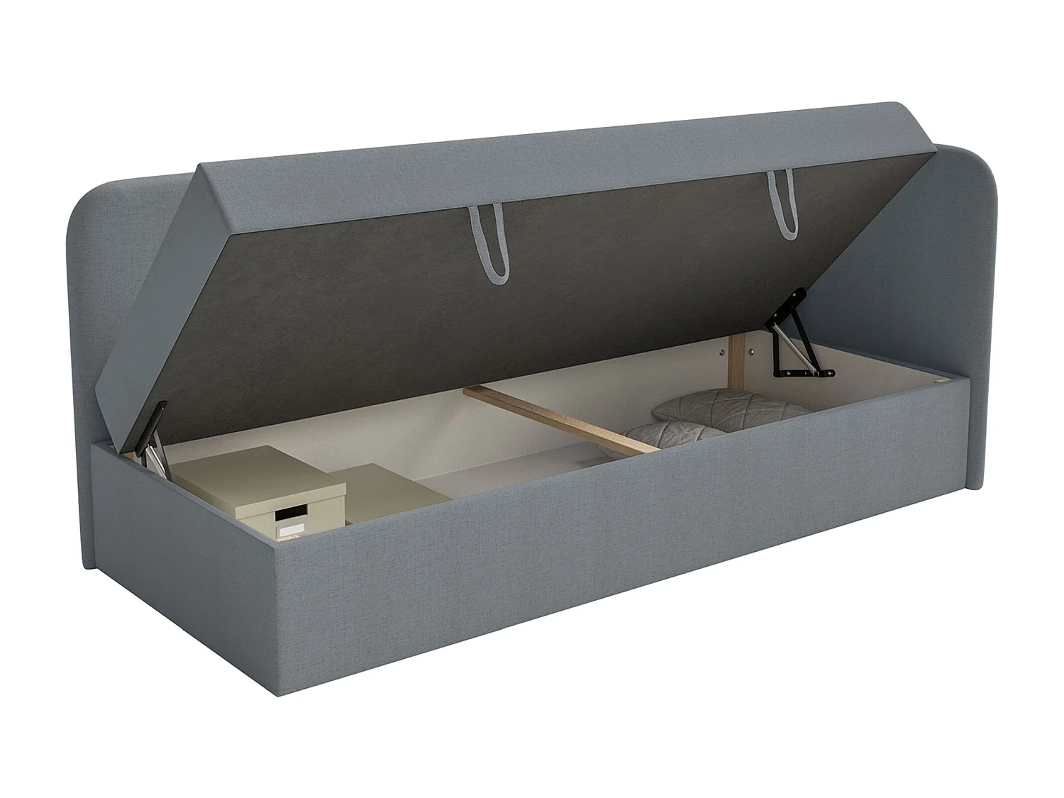 Jugendbett 90x200 mit Bettkasten – Chenille-Bezug – Kopfteil rechts – Dunkelgrau – CALMMO