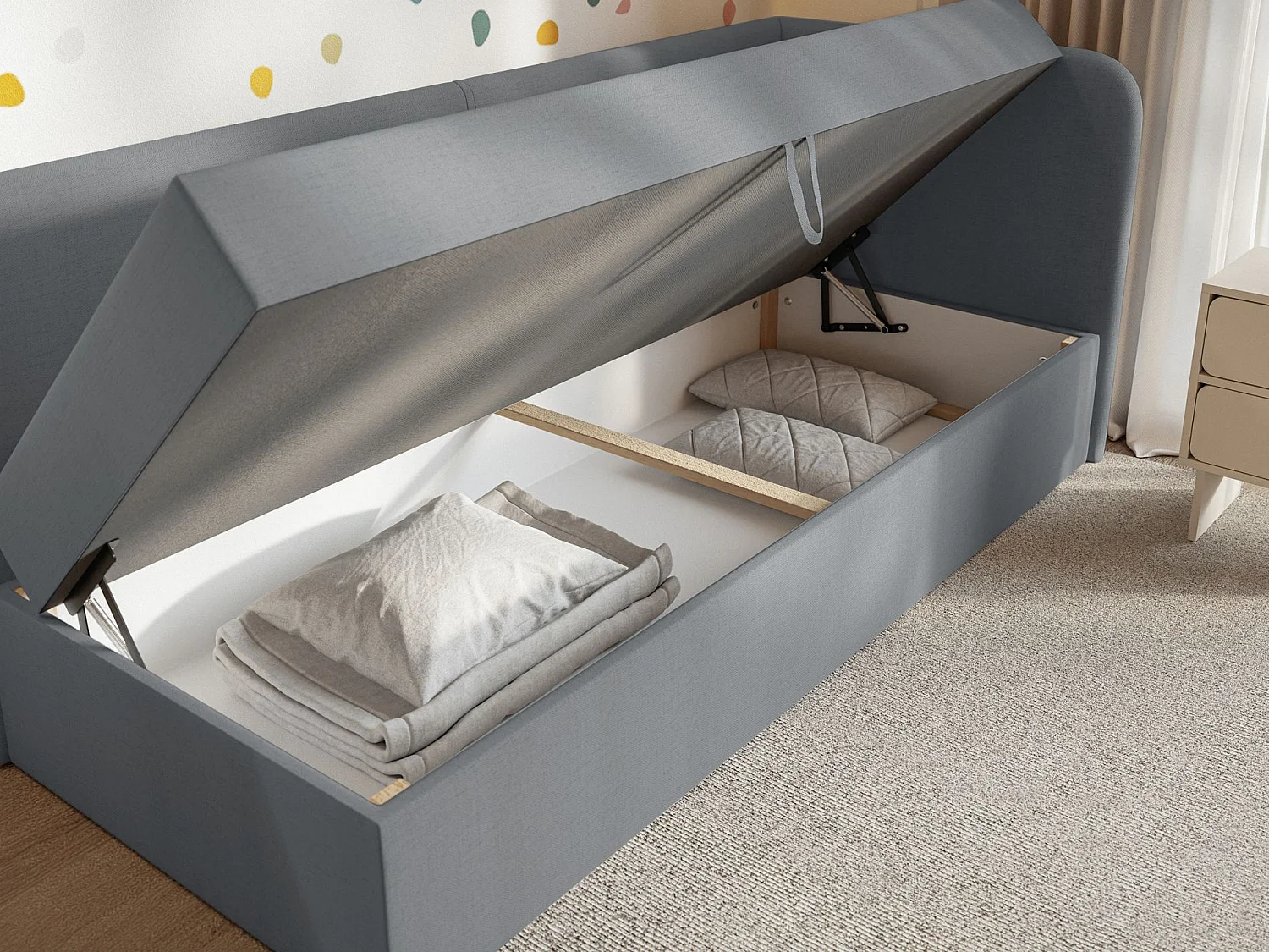 Jugendbett 90x200 mit Bettkasten – Chenille-Bezug – Kopfteil rechts – Dunkelgrau – CALMMO